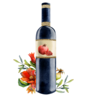 Watercolor pomegranate red wine bottle with fruits, pieces and seeds illustration png