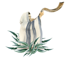 Yom Kippur shofar blowing by Jewish man in talit on Rosh Hashanah holidays with eucalyptus branches watercolor illustration. Feast of Trumpets celebration. png