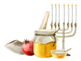 rosh hashanah symboler horisontell hälsning baner med honung burk, menora, shofar horn och granatäpple vattenfärg illustration png