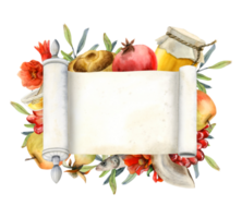 Tora scrollen mit rosh hashanah Symbole und rot Granatapfel Blumen Banner Vorlage Aquarell Illustration zum jüdisch Neu Jahr png