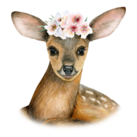 Baby deer head portrait with pink flowers wreath watercolor illustration. Hand drawn animal for cards, stickers, girl birthday invitations png