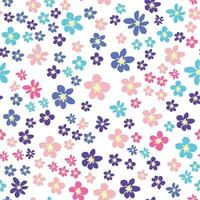 Floral seamless pattern with pink, lavender, blue, purple chamomile flower and leaves. Childish, feminine, gentle vector