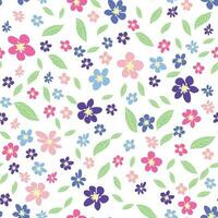 Floral seamless pattern with pink, lavender, blue, purple chamomile flower and leaves. Childish, feminine, gentle vector