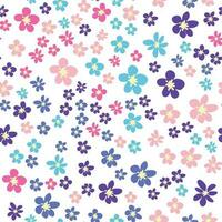 Floral seamless pattern with pink, lavender, blue, purple chamomile flower and leaves. Childish, feminine, gentle vector