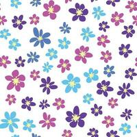 Floral seamless pattern with pink, lavender, blue, purple chamomile flower and leaves. Childish, feminine, gentle vector