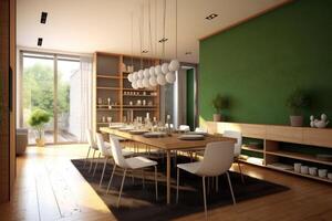 stock photo of modern wood green dining room ultra AI Generated