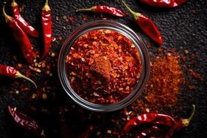 stock photo chilli flakes in kitchen table flat lay