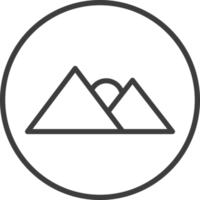 mountain and sun icon in thin line black circle frames. png