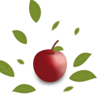 Illustration of red apple surrounded by flying leaves png