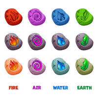 Abstract Wind, Air, fire, water, earth symbol design on stones for game or app concept in different color. Icons for UI game. png