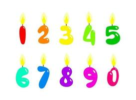 Celebration cake candles burning lights, birthday numbers and party candle. Different color birthday candles with burning flames. Cartoon numbers. Vector illustration.