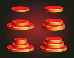 Realistic vector podium set, 3d scene mockup. Round shape red award pedestal, golden showcase stand platform.