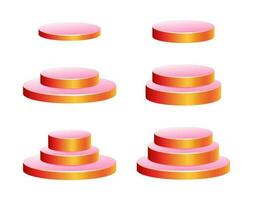 Realistic vector podium set, 3d scene mockup. Round shape award pedestal, pink showcase stand platform.