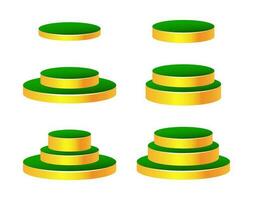 Realistic vector podium set, 3d scene mockup. Round shape award pedestal, golden showcase stand platform.