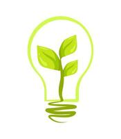 Green energy concept vector illustration, isolated flat cartoon bulb lamp, eco electricity saving, alternative renewable resources, green leaves, logo design element