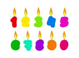 Celebration cake candles burning lights, birthday numbers and party candle. Different color birthday candles with burning flames. Cartoon numbers. Vector illustration.