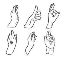 mano gesto símbolo. garabatear mano dibujado mano signo. sencillo web icono colocar. negro contorno silueta. vector