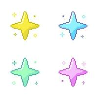 Pixel art adorable sparkling star, Sparkling pixel 8bit set. vector