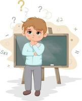 Unlocking the World of Mathematics. Schoolboy Pondering at the Blackboard vector