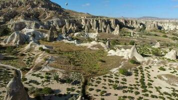 antenn varm luft ballonger flygande över huva och fe- skorstenar i goreme dal Kappadokien, Kalkon video