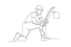 vector continuous line of cricket ball player parries the ball