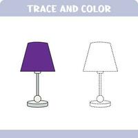 Trace and color educational worksheet for kids. Tracing objects. Activity color pages. Lamp vector