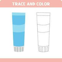 Activity page for kids education. Trace and color worksheet for kids. Tracing objects. Color page. Cream tube vector