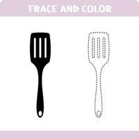 Trace and color educational worksheet for kids. Tracing objects. Activity color pages. Spatula vector