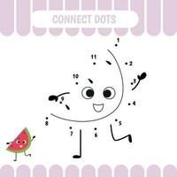 Dot to dot educational game for preschool kids. Watermelon. Activity worksheet. Counting number  handwriting practice. Vector Illustration.