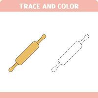 Activity page for kids education. Trace and color worksheet for kids. Tracing objects. Color page. Rolling pin vector