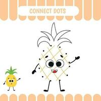 Dot to dot educational game for preschool kids. Pineapple. Activity worksheet. Counting number  handwriting practice. Vector Illustration.