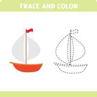 Activity page for kids education. Trace and color worksheet for kids. Tracing objects. Color page. Yacht vector