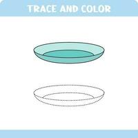 Trace and color educational worksheet for kids. Tracing objects. Activity color pages. plate vector