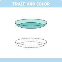 Trace and color educational worksheet for kids. Tracing objects. Activity color pages. plate vector