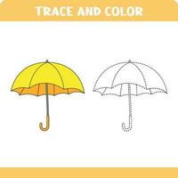 Trace and color educational worksheet for kids. Tracing objects. Activity color pages. Umbrella vector