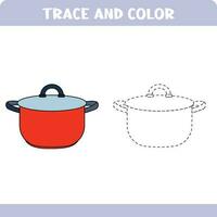 Activity page for kids education. Trace and color worksheet for kids. Tracing objects. Color page. Saucepan vector