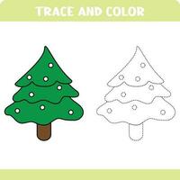 Trace and color educational worksheet for kids. Tracing objects. Activity color pages. tree vector