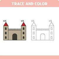 Trace and color educational worksheet for kids. Tracing objects. Activity color pages. Castle vector