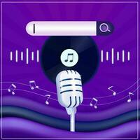 Vintage microphone on a vinyl background, with elements of musical notes, search bar and musical waves. 3d vector suitable for music events