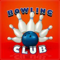 Bowling Club. Realistic 3D sports elements with skittles and bowling balls. Vector poster template. Ball hitting skittles, suitable for competition announcements and entertainment events