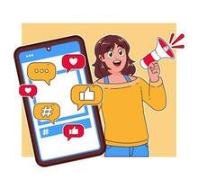 Influencer y promover el concepto de redes sociales. vector