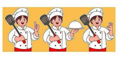 little chef holding spatula and delicious dish vector