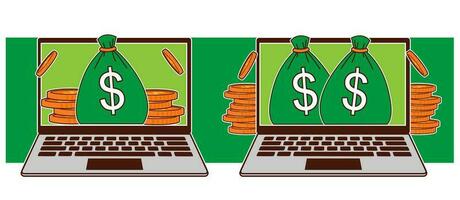 Laptop with stacks of coins and money sacks vector