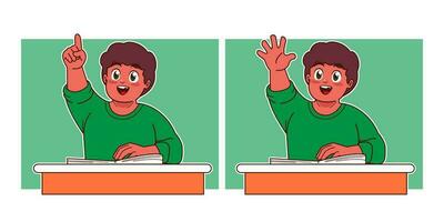 Little boy studying in class and raising hand vector