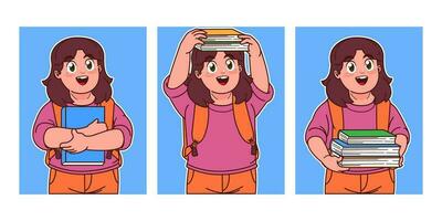 little girls carrying a book and wearing a backpack vector