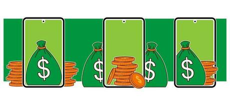 Smartphone with stacks of coins and money sacks vector