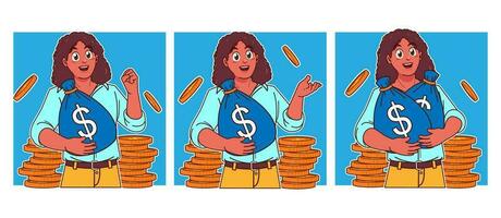 Black woman carrying sack of money and stack of coins vector