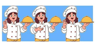 Little chef serves delicious dishes vector