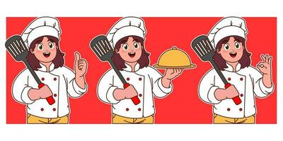 little chef holding spatula and delicious dish vector