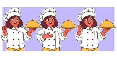 Little chef serves delicious dishes vector